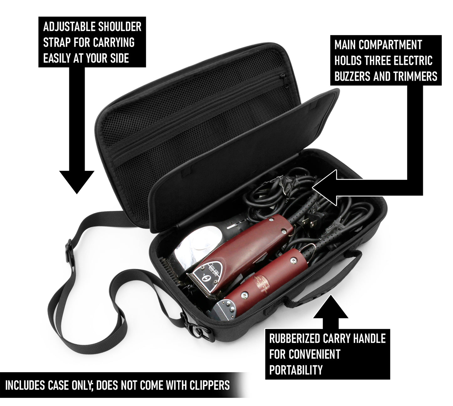 Hair Clipper Case Holds Three Electric Clippers, Hair Buzzers, Trimmers, T-finishers - Case For Barbers, Stylist and Hair Accessories