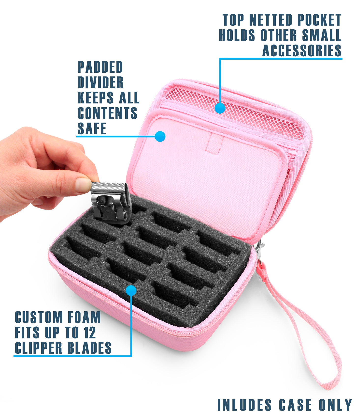 Barber Blade Case fits 12 Metal Clipper Blades - Andis/Oster/Wahl/Babyliss Compatible with Custom Padded Slots & Zippered Compartment