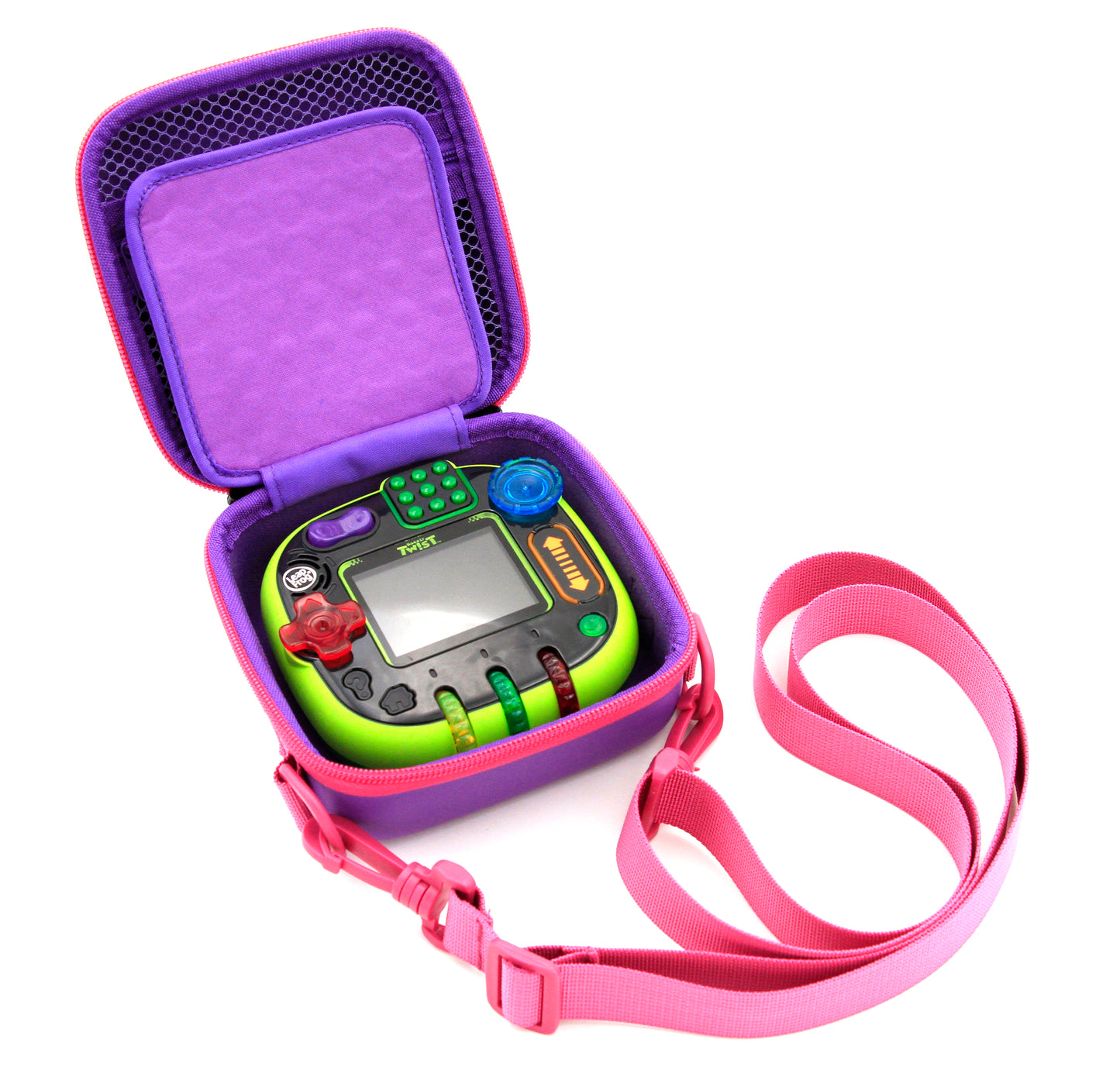Toy Box Travel Case Compatible with Leapfrog Rockit Twist Handheld Learning Game System with Shoulder Strap, Accessory Storage and Keychain