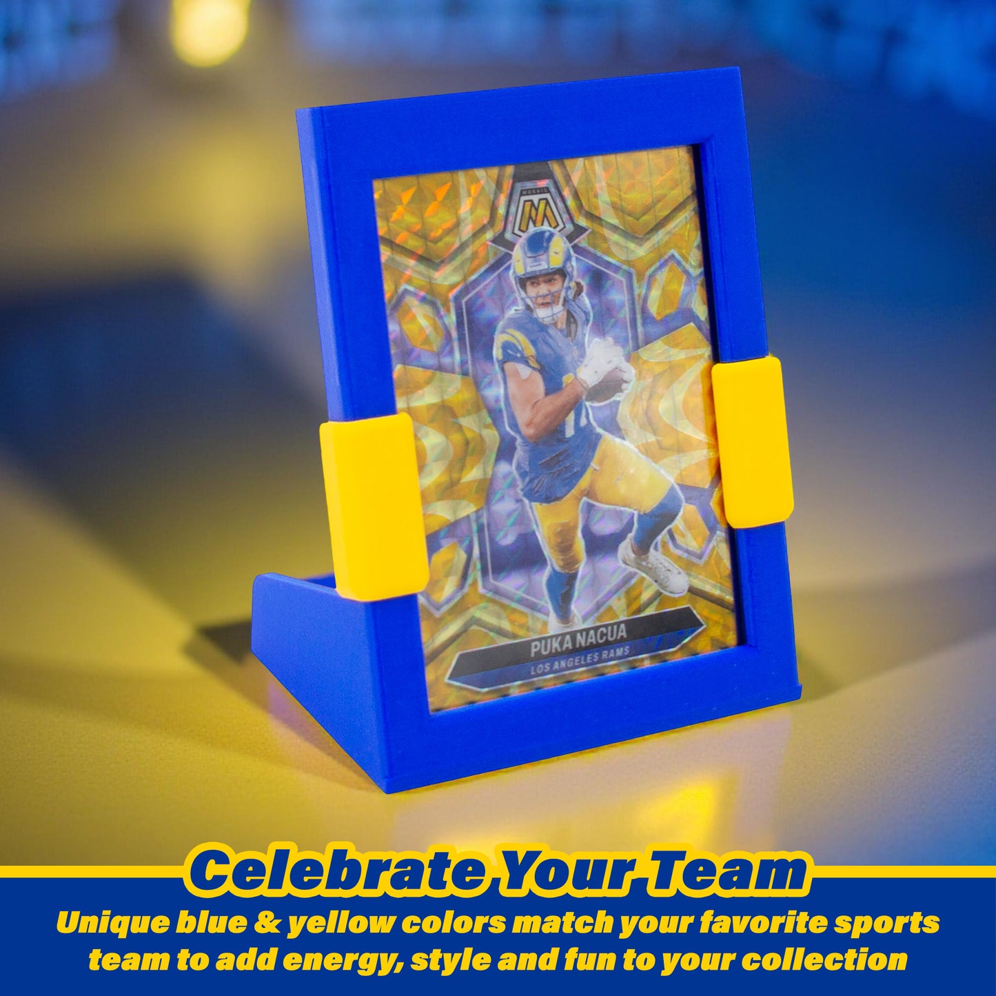 Football Card Toploader Display Stand – 3 Pack Top Loader Stand Blue & Yellow Los Angeles Team Colors Compatible With Panini Topps Bowman