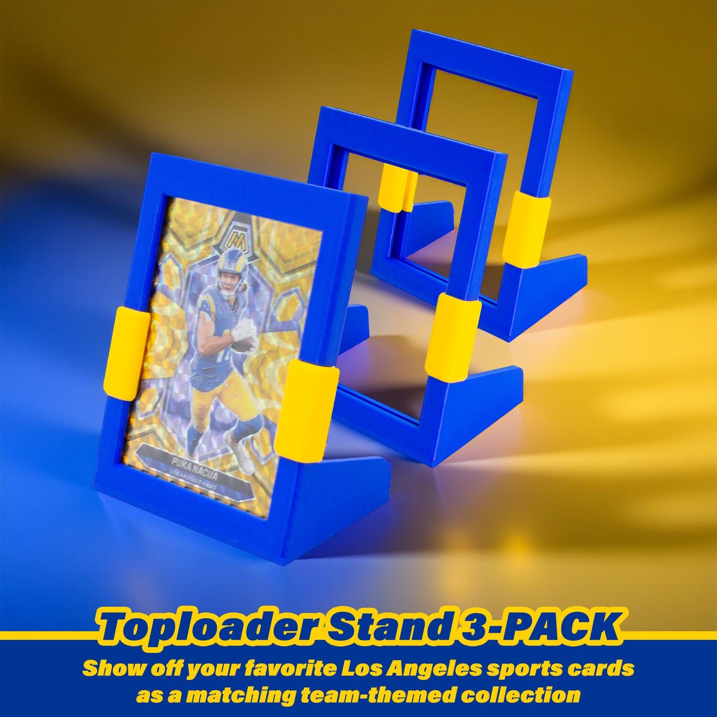 Football Card Toploader Display Stand – 3 Pack Top Loader Stand Blue & Yellow Los Angeles Team Colors Compatible With Panini Topps Bowman