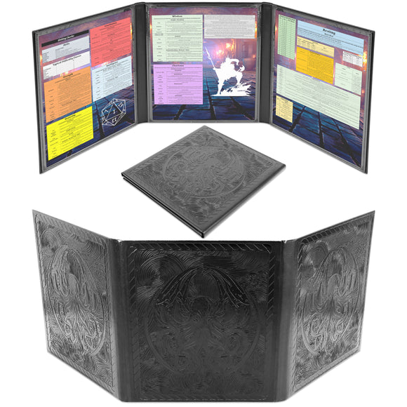 3-Panel Travel DM Screen – Compact PU Leather GM Screen with Clear Pockets & Wet-Erase Panels for Portable RPG Campaigns