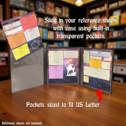 3-Panel Travel DM Screen – Compact PU Leather GM Screen with Clear Pockets & Wet-Erase Panels for Portable RPG Campaigns