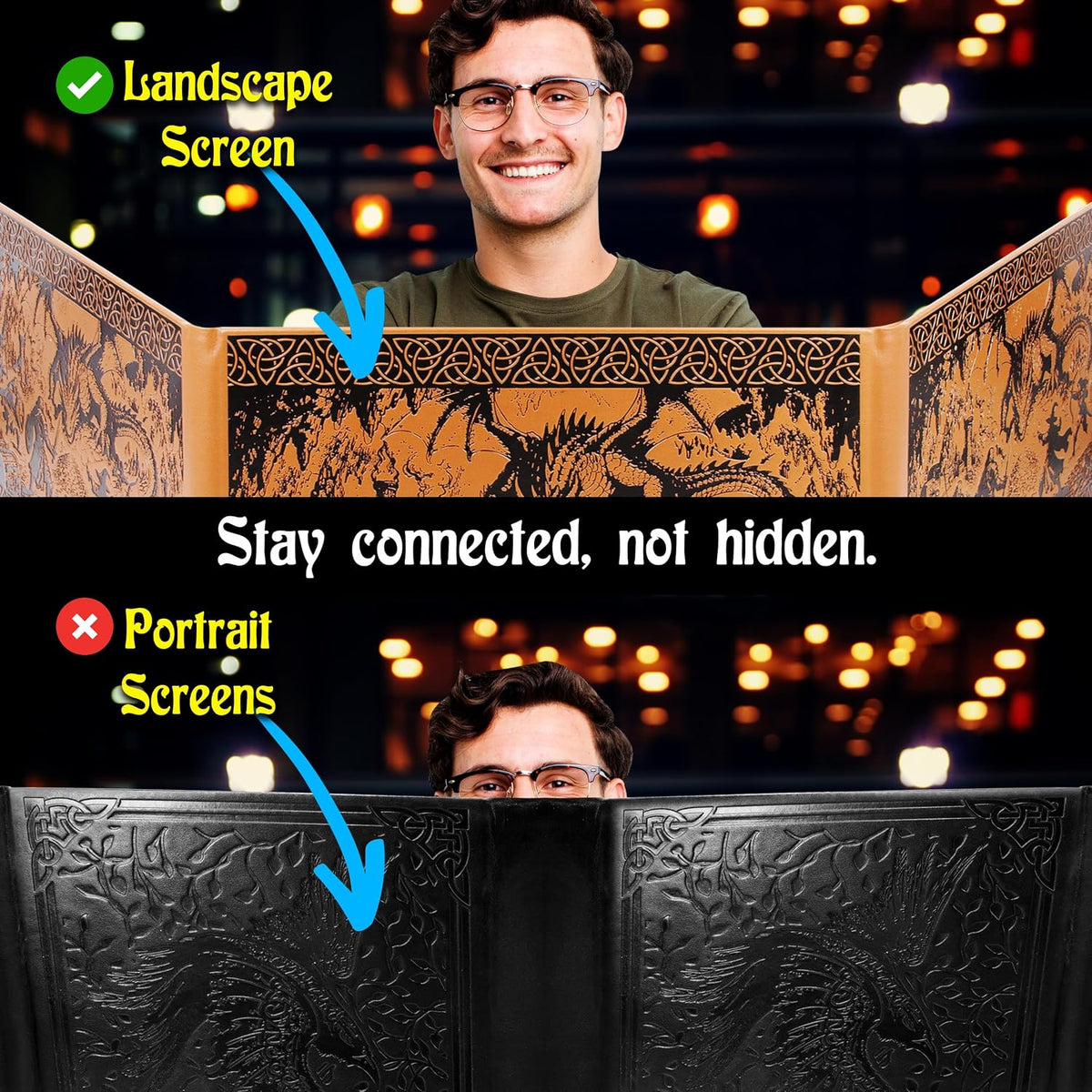 DM Screen – 3-Panel Landscape Game Master Screen with Wide Viewing Area, Embossed Dragon Lair Artwork, PU Leather RPG Screen for Tabletop Campaigns