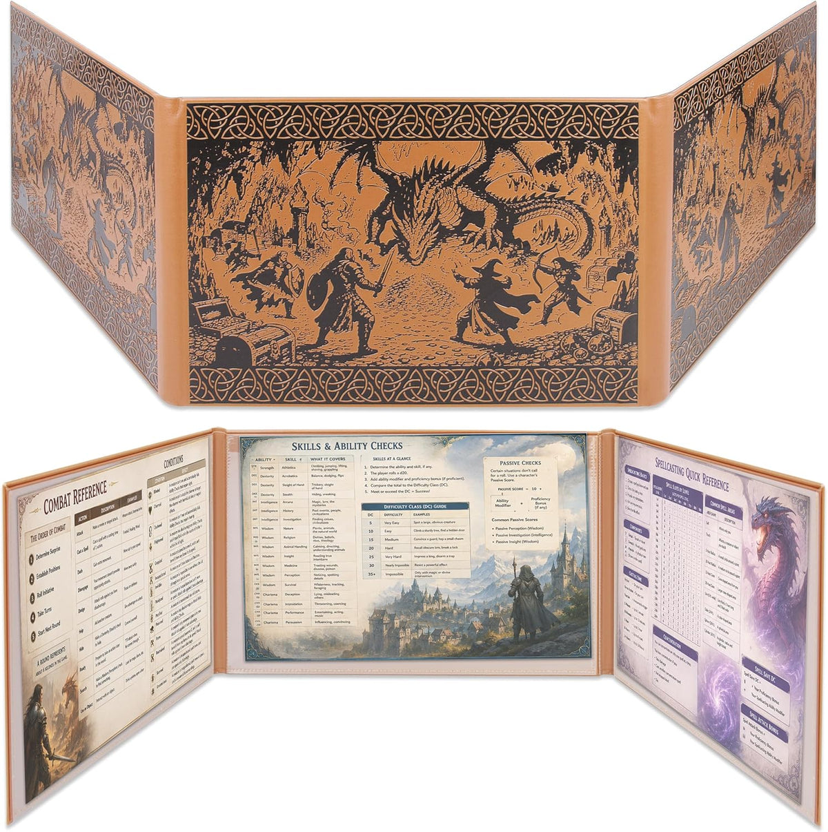 DM Screen – 3-Panel Landscape Game Master Screen with Wide Viewing Area, Embossed Dragon Lair Artwork, PU Leather RPG Screen for Tabletop Campaigns