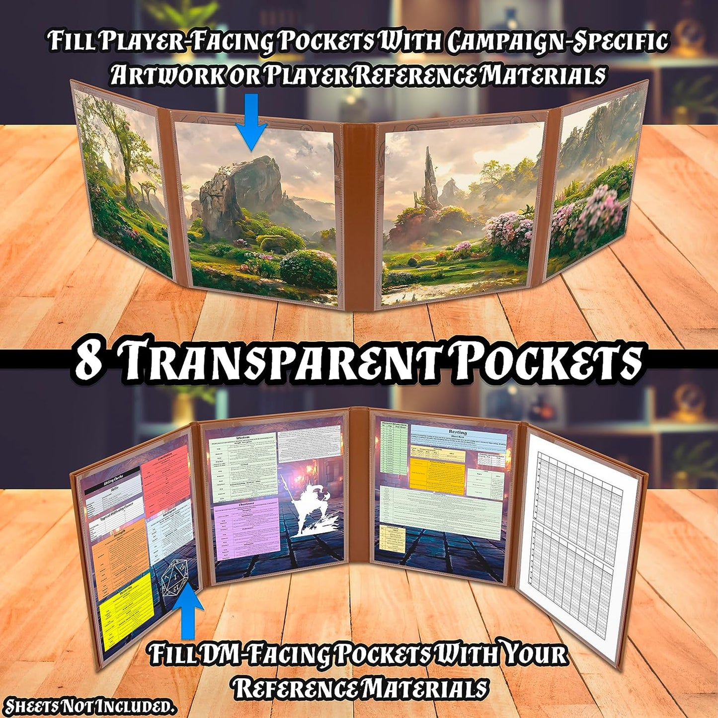 Faux Leather Double-Sided DM Screen – 8-Pocket Folding GM Screen with Outward-Facing Sleeves for Tabletop RPGs (Inserts Not Included)