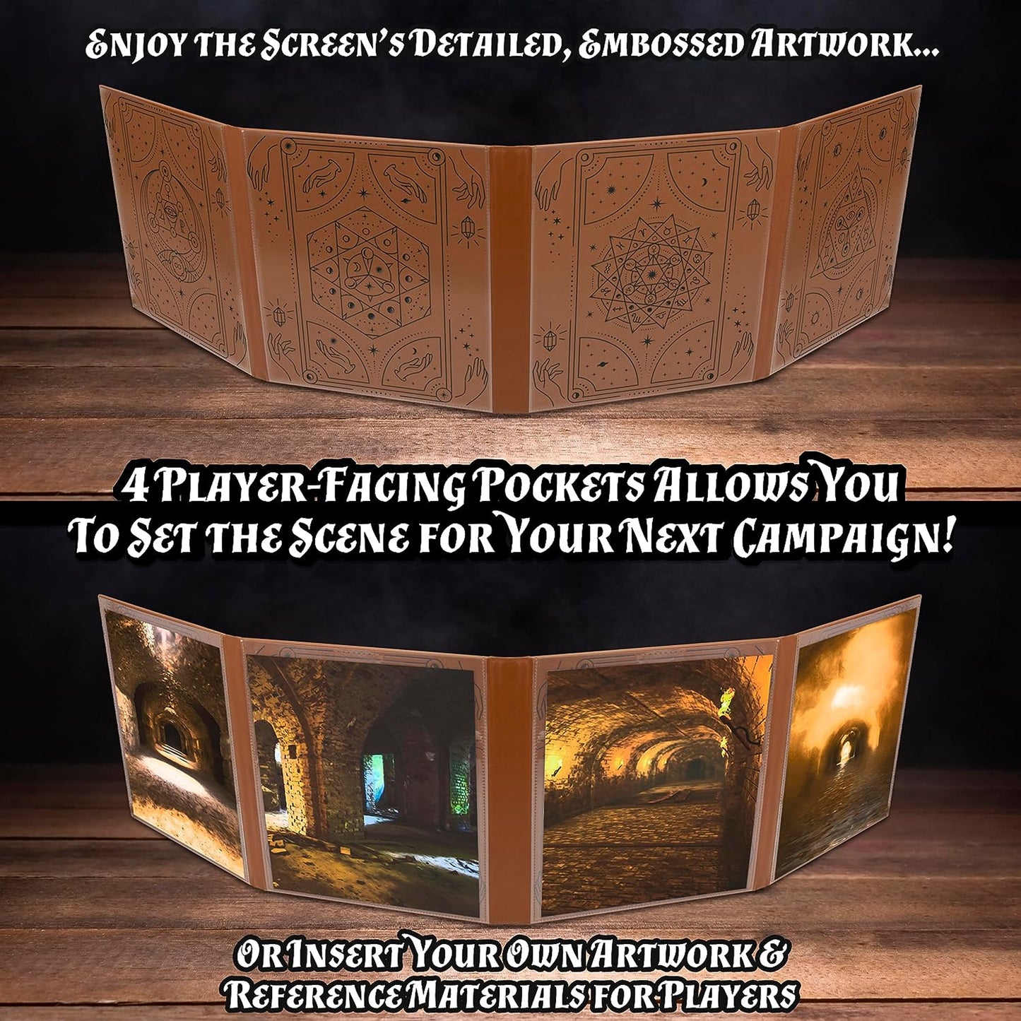 Faux Leather Double-Sided DM Screen – 8-Pocket Folding GM Screen with Outward-Facing Sleeves for Tabletop RPGs (Inserts Not Included)