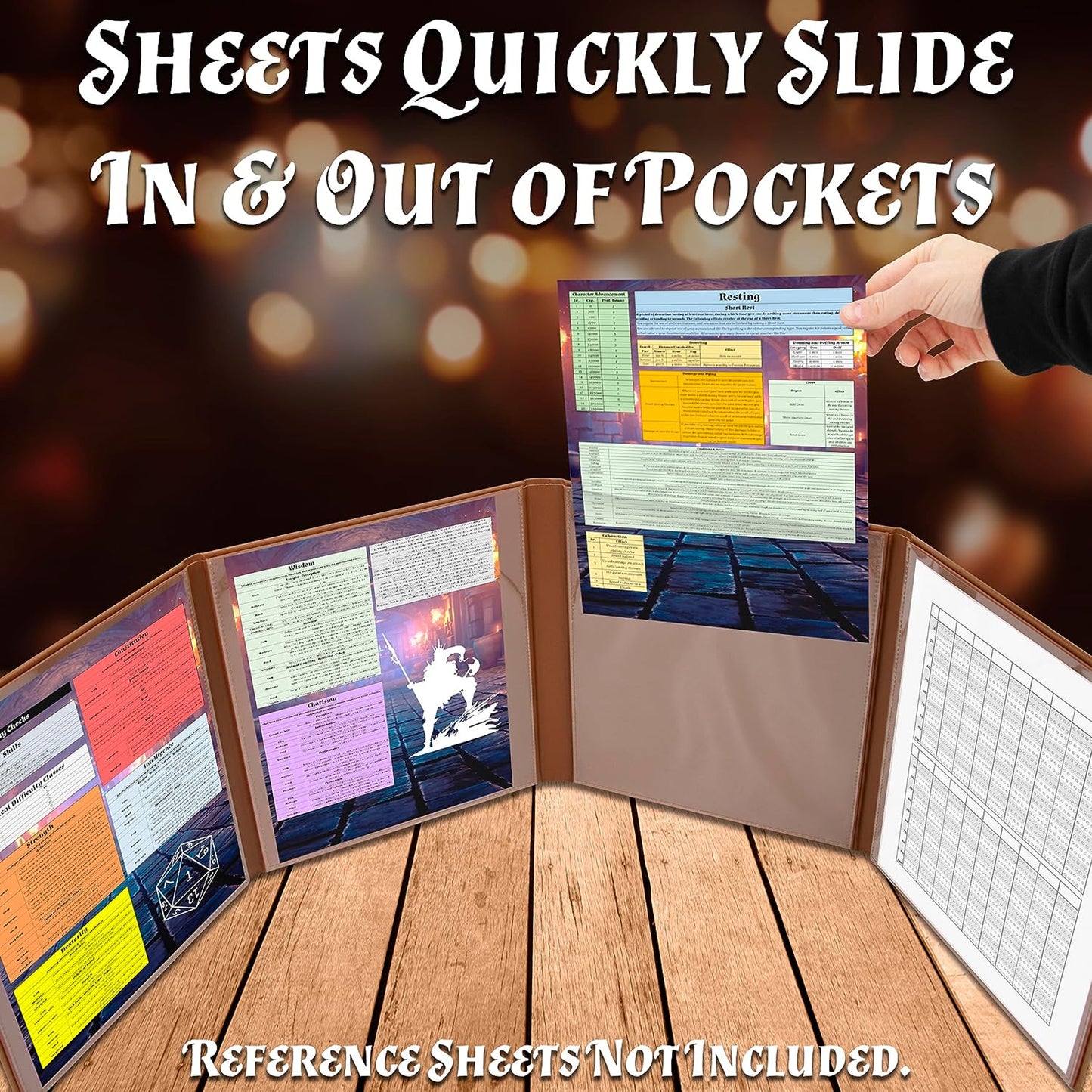 Faux Leather Double-Sided DM Screen – 8-Pocket Folding GM Screen with Outward-Facing Sleeves for Tabletop RPGs (Inserts Not Included)