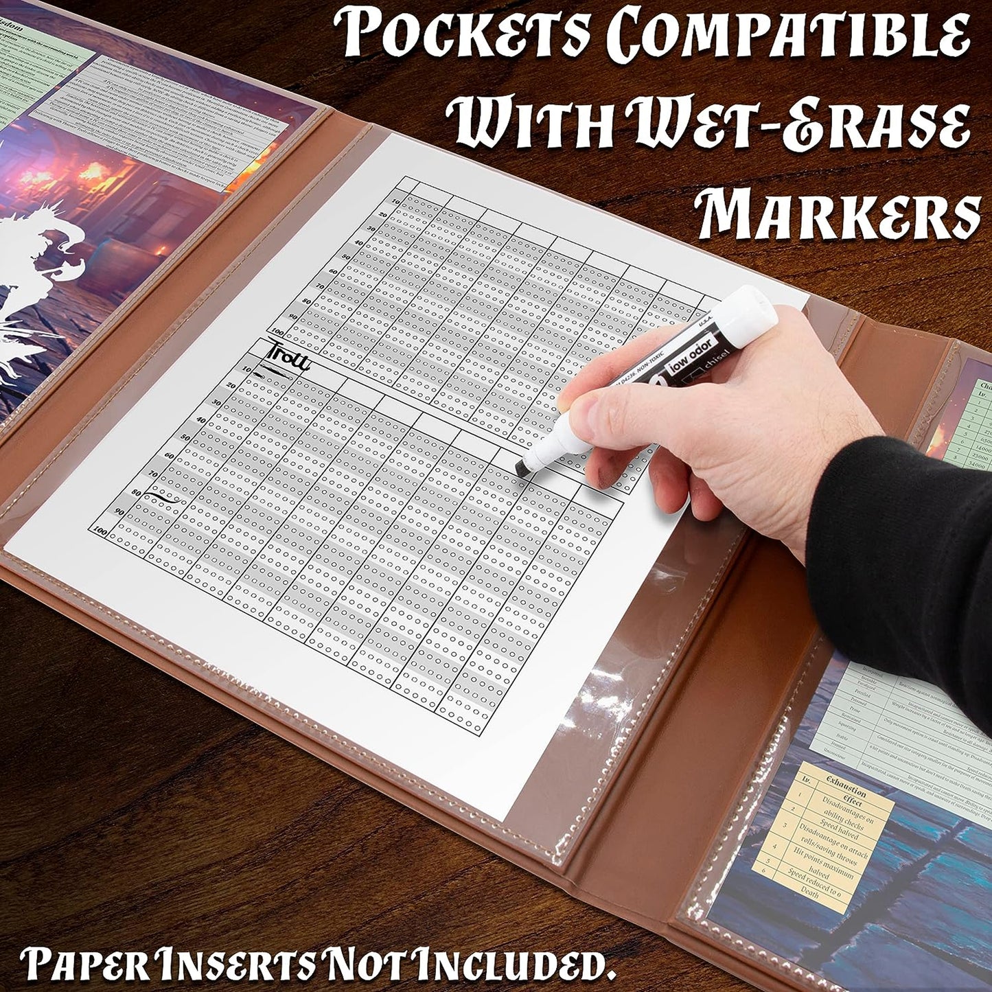 Faux Leather Double-Sided DM Screen – 8-Pocket Folding GM Screen with Outward-Facing Sleeves for Tabletop RPGs (Inserts Not Included)