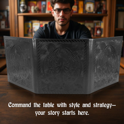 3-Panel Travel DM Screen – Compact PU Leather GM Screen with Clear Pockets & Wet-Erase Panels for Portable RPG Campaigns