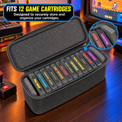 Game Cartridge Storage Case Compatible with Atari 2600 Cartridges, Holds 12 Retro Video Game Cartridges, Organizer with Padded Slots