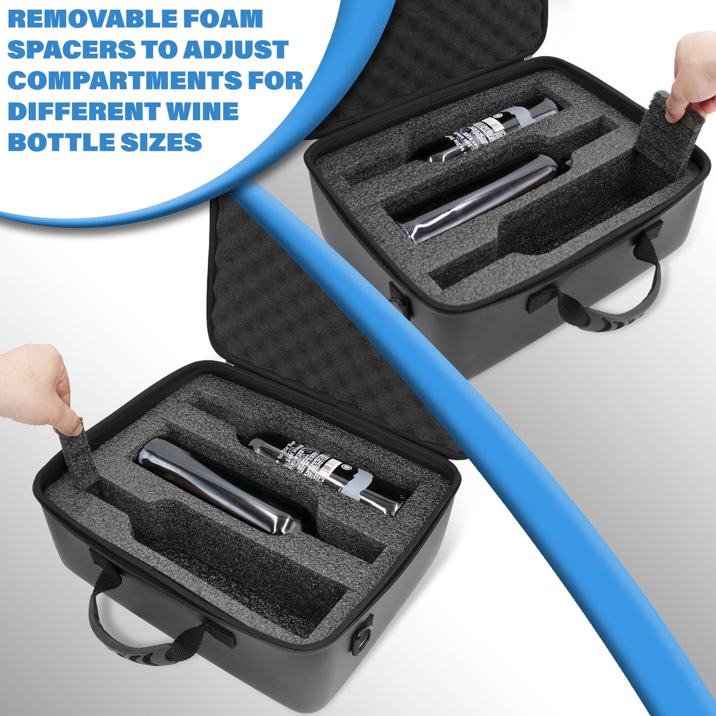 Wine Travel Case for 3 Bottles with Shock-Absorbing Foam & Adjustable Carrying Strap - Protective Wine Suitcase for Storage