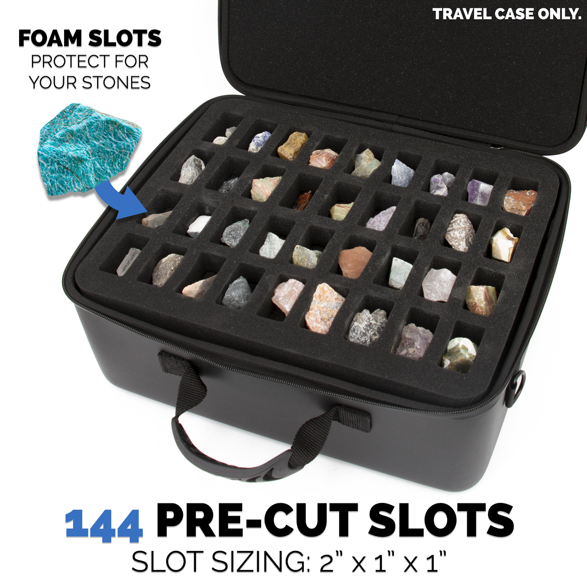 Rock Collection Travel Case - 144 Slot Rock Collection Box with Four Protective Foam Trays, Crystal Storage and Travel Case with Shoulder Strap