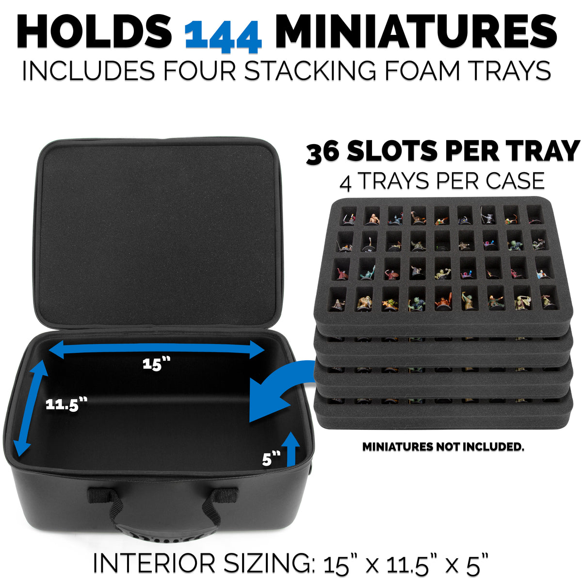 Miniature Carrying Case - 144 Slot Miniature Storage Case with Four Foam Trays For Minis, Adjustable Shoulder Strap, ID Card Holder and More!
