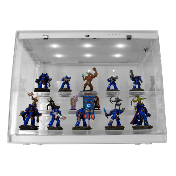 CASEMATIX LED Miniature Display Case with 3 Tiered Acrylic Mini Storage Figure Case Rows, Includes 20 Grip Pads Compatible with Standard Minis