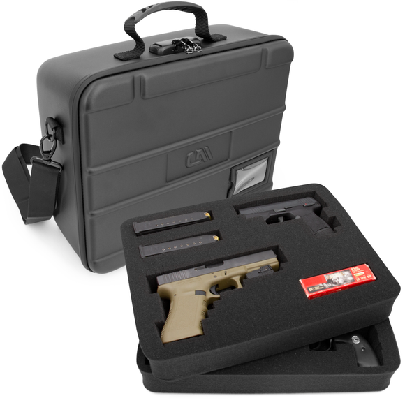 CASEMATIX Locking Gun Case Pistol Range Bag - Durable EVA Gun Bag with Two Layers of Customizable Foam for Up To 4 Handguns with Shoulder Strap
