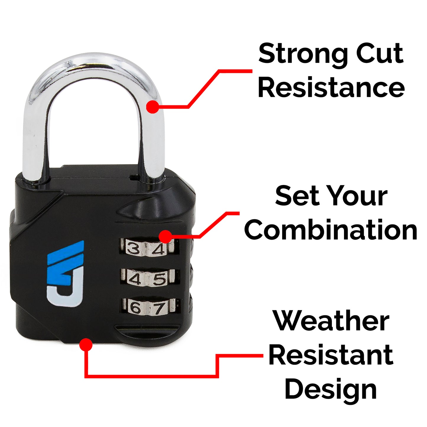 Adjustable Combination Padlock, Weather Resistant, 3 Digit Resetable Combination Lock, Keyless, Black