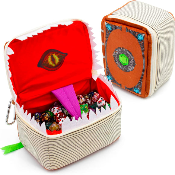 CASEMATIX Mimic Tome Dice Chest and Dice Case with 7 Included RPG Dice - Plush Dice Bag with Zipper Closure and Carabiner for 250 DnD Tabletop Dice
