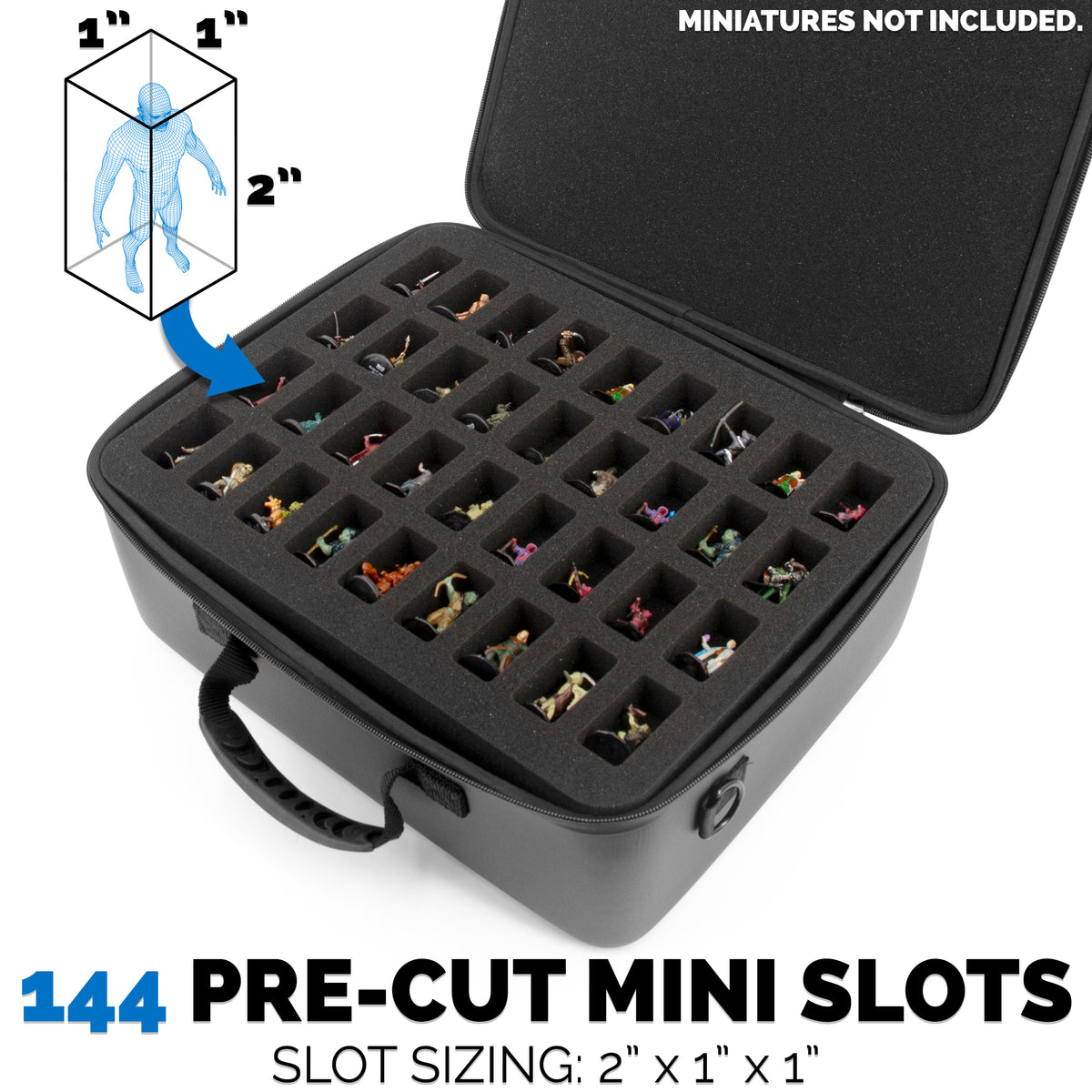 Miniature Carrying Case - 144 Slot Miniature Storage Case with Four Foam Trays For Minis, Adjustable Shoulder Strap, ID Card Holder and More!