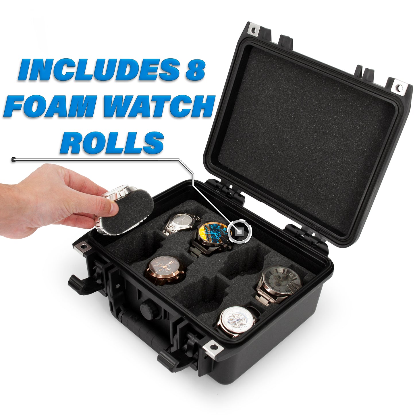 Watch Travel Case With 8 Watch Roll Holders - Impact Resistant Waterproof Watch Case With Foam Display Tray, Fits 24mm to 56mm Faces