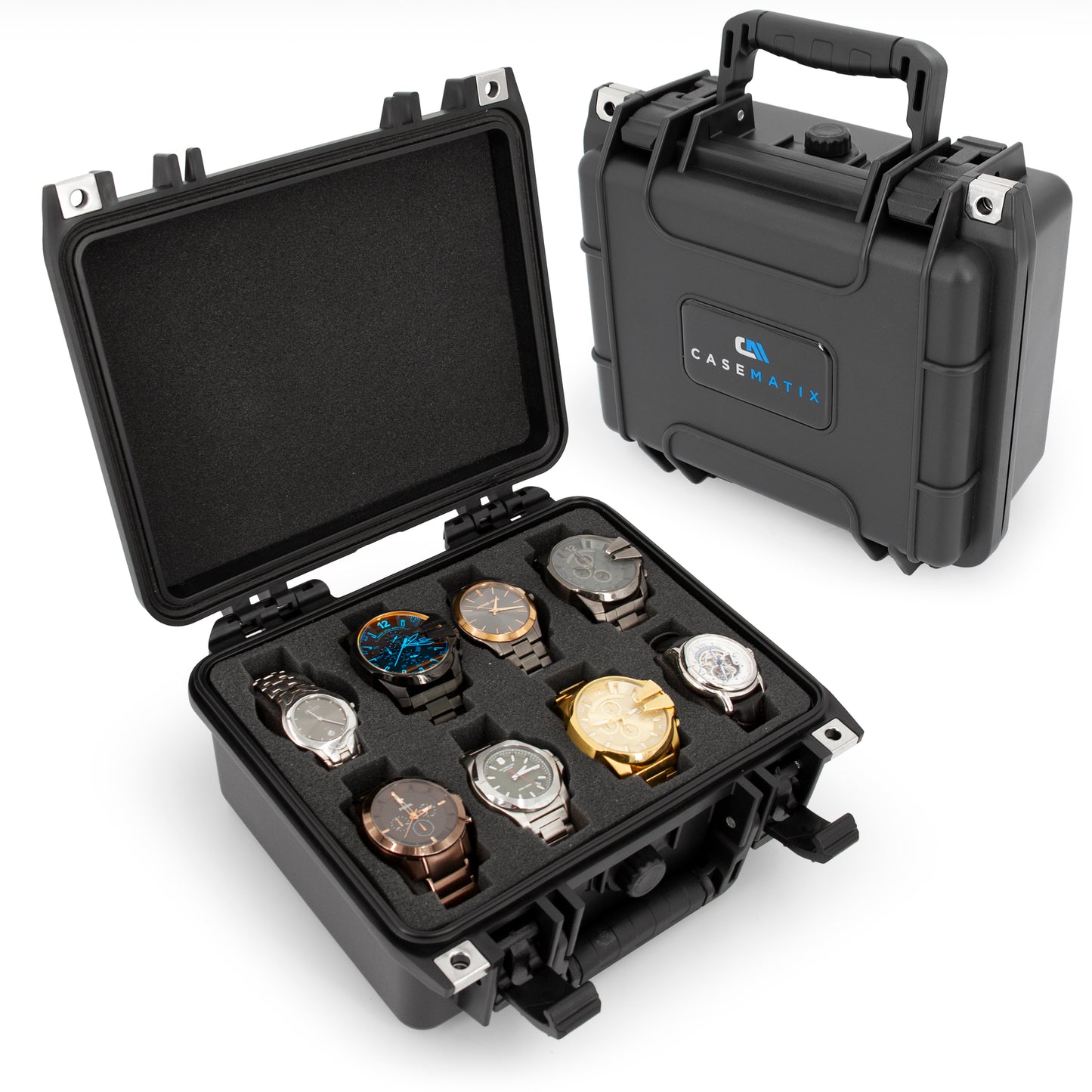 Watch Travel Case With 8 Watch Roll Holders - Impact Resistant Waterproof Watch Case With Foam Display Tray, Fits 24mm to 56mm Faces