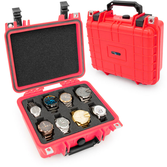 CASEMATIX Watch Travel Case With 8 Watch Roll Holders Included - Waterproof Watch Case With Foam Watch Box Display Tray, Fits 24mm to 56mm Faces, Red