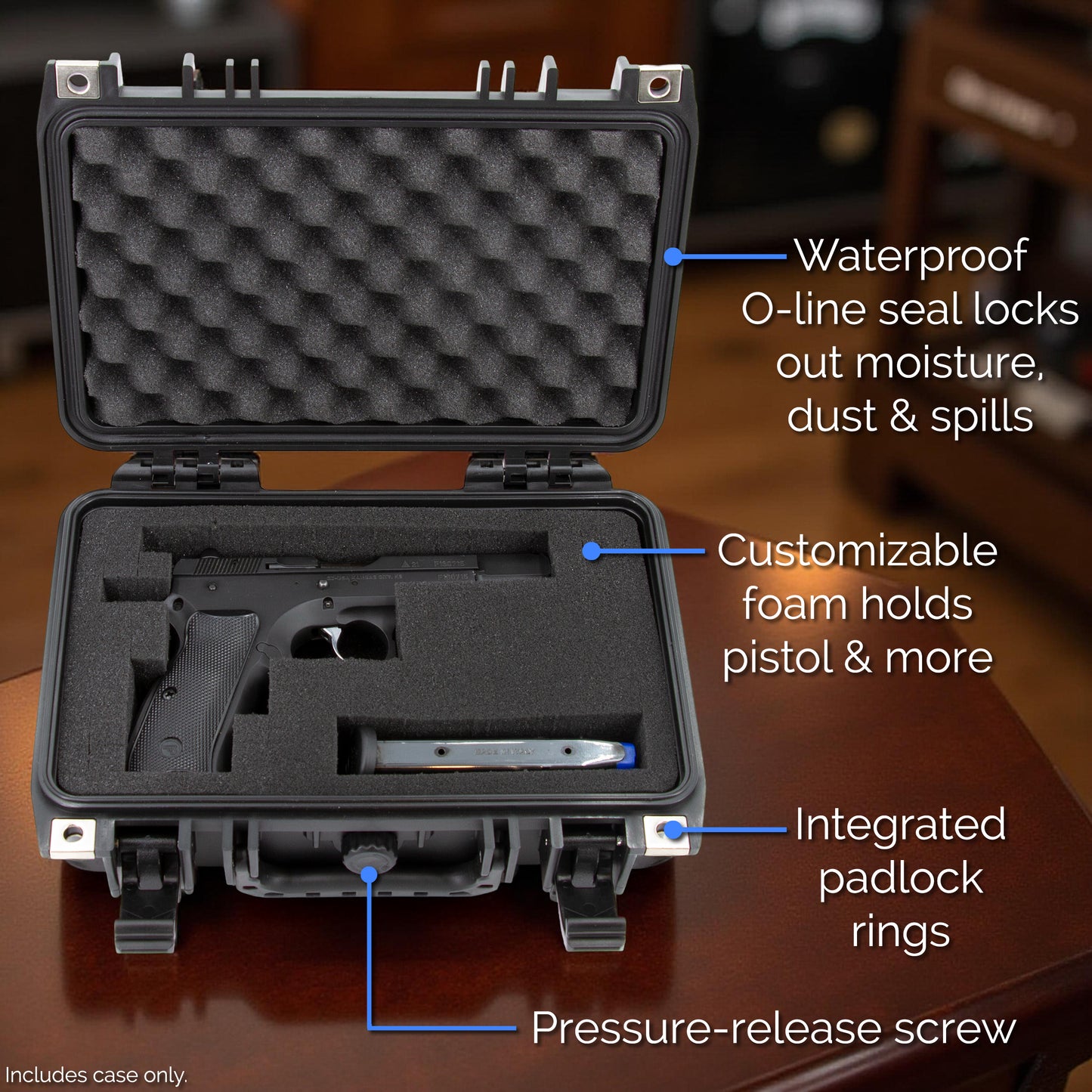 12" Hard Gun Case - Waterproof Shockproof Pistol Case with Customizable Foam Interior for 9mm Handgun & Accessories Storage