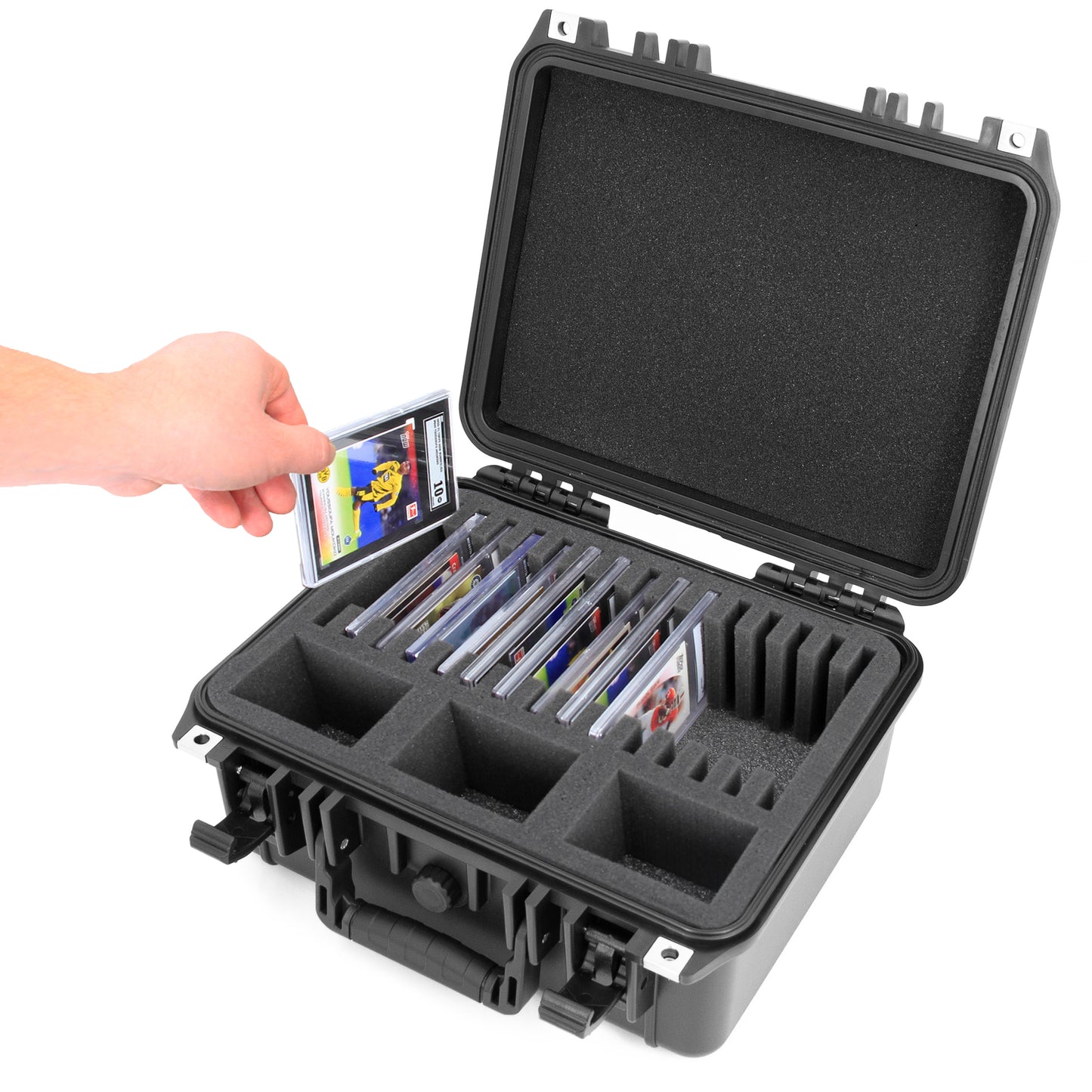 Graded Card Storage Box with 15 Slots fits SGC BGS PSA Sports Trading Cards - Waterproof Case for Toploader Slabs with Travel Handle & Lock Rings