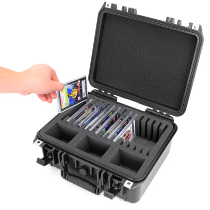 Graded Card Storage Box with 15 Slots fits SGC BGS PSA Sports Trading Cards - Waterproof Case for Toploader Slabs with Travel Handle & Lock Rings