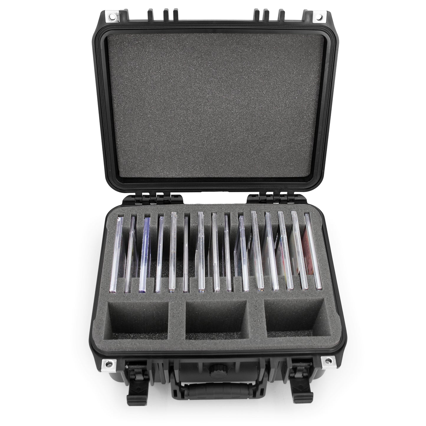 Graded Card Storage Box with 15 Slots fits SGC BGS PSA Sports Trading Cards - Waterproof Case for Toploader Slabs with Travel Handle & Lock Rings
