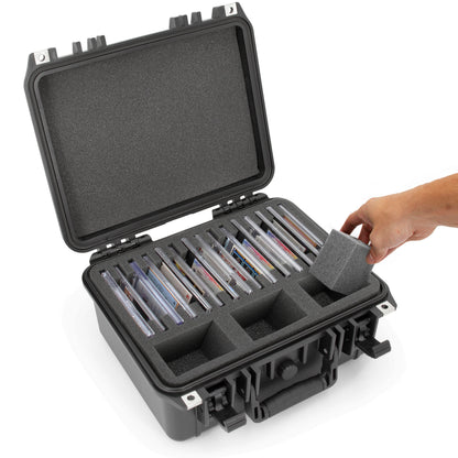 Graded Card Storage Box with 15 Slots fits SGC BGS PSA Sports Trading Cards - Waterproof Case for Toploader Slabs with Travel Handle & Lock Rings
