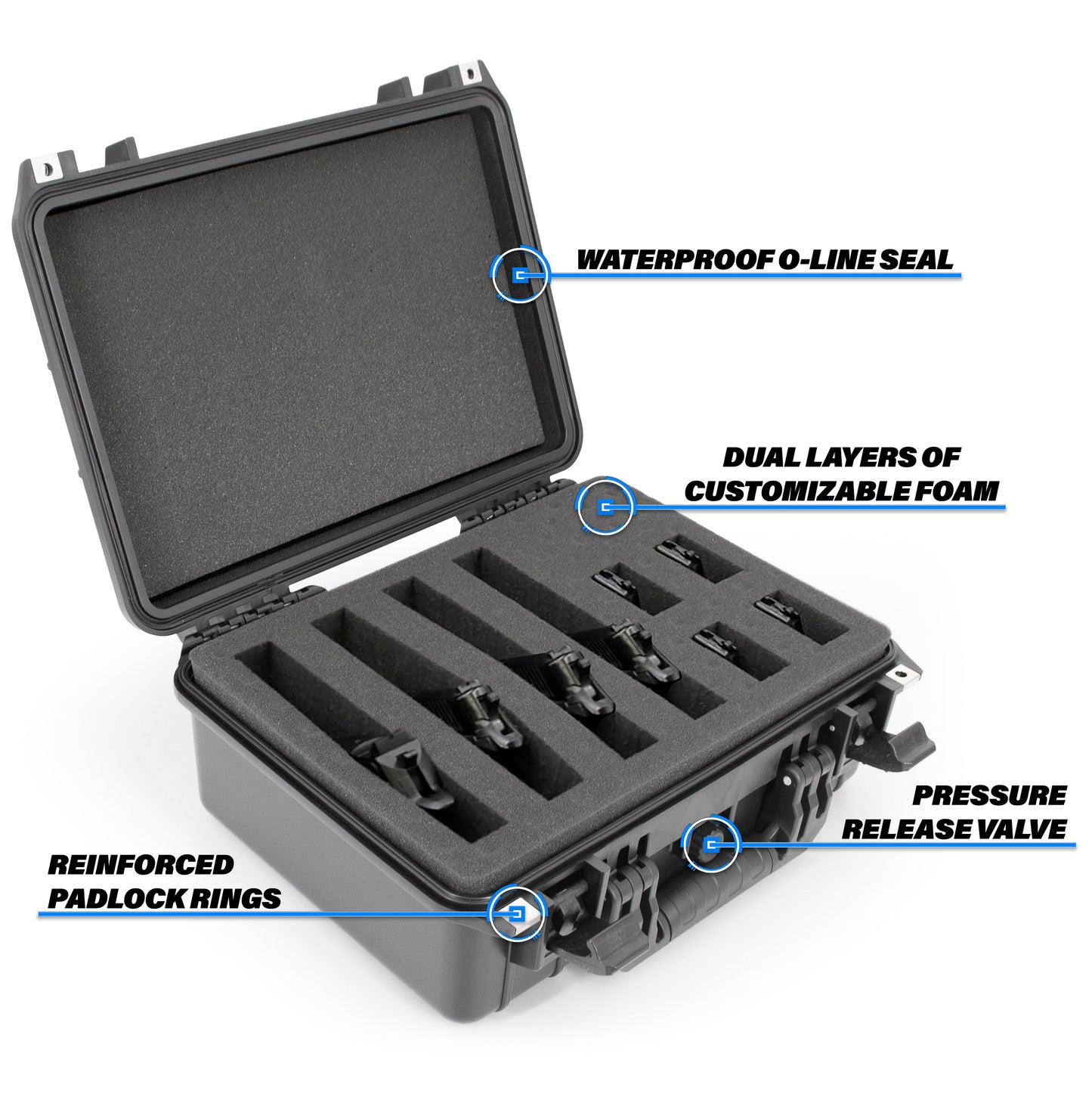 16" Customizable 4 Pistol Multiple Pistol Case - Waterproof & Shockproof Hard Gun Cases for Pistols, Magazines and Accessories with Two Layers of Foam