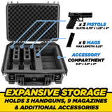 CASEMATIX TSA Approved 3 Pistol Case - 16" Waterproof Handgun Case for 3 Handguns and 9 Magazines with Accessory Storage, Gun Carrying Case