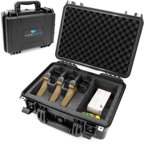 CASEMATIX TSA Approved 3 Pistol Case - 16" Waterproof Handgun Case for 3 Handguns and 9 Magazines with Accessory Storage, Gun Carrying Case