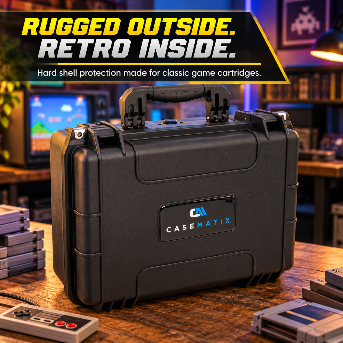 CASEMATIX Retro Game Cartridge Storage Case for N64, SNES & Atari 2600, Holds 48 N64 or 36 SNES Games, Waterproof Hard Shell with 12 Foam Slots