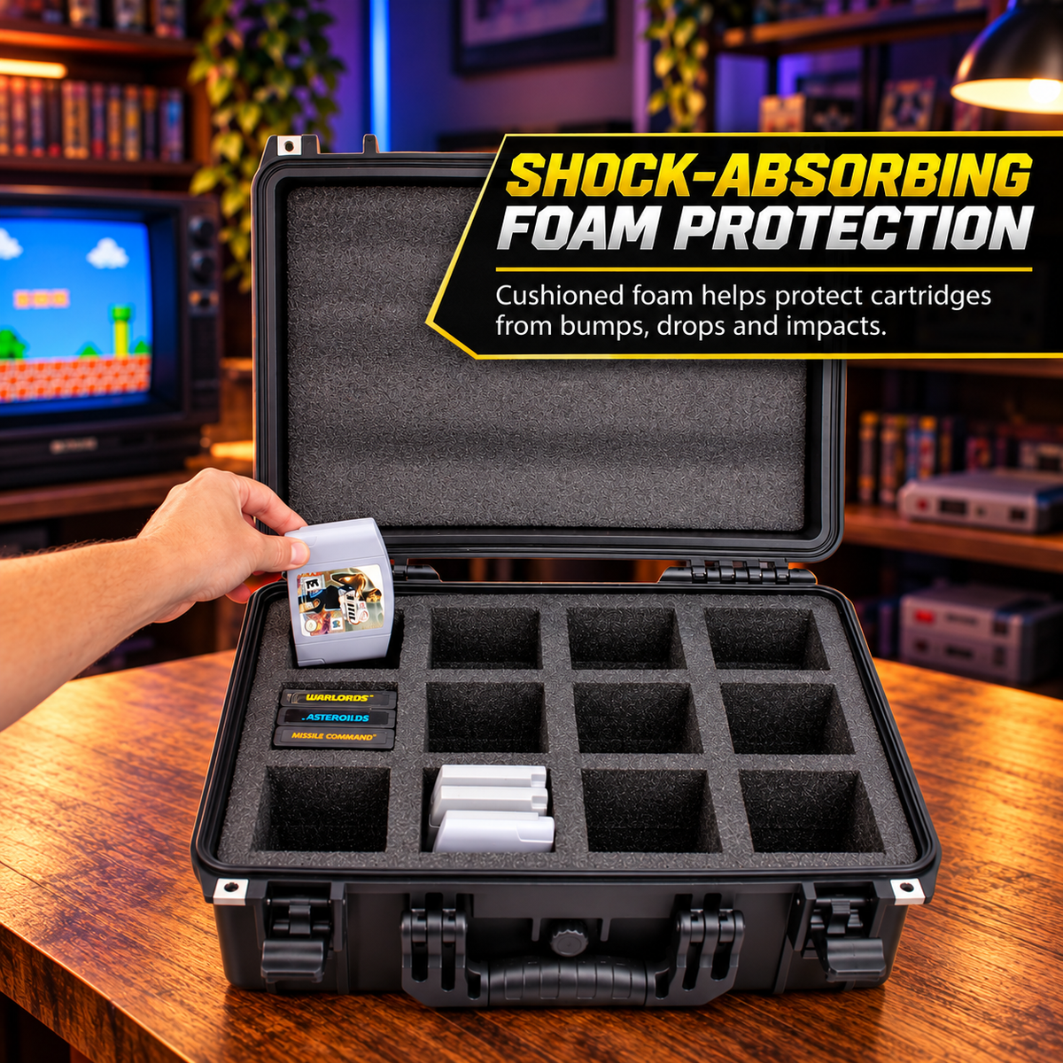 CASEMATIX Retro Game Cartridge Storage Case for N64, SNES & Atari 2600, Holds 48 N64 or 36 SNES Games, Waterproof Hard Shell with 12 Foam Slots
