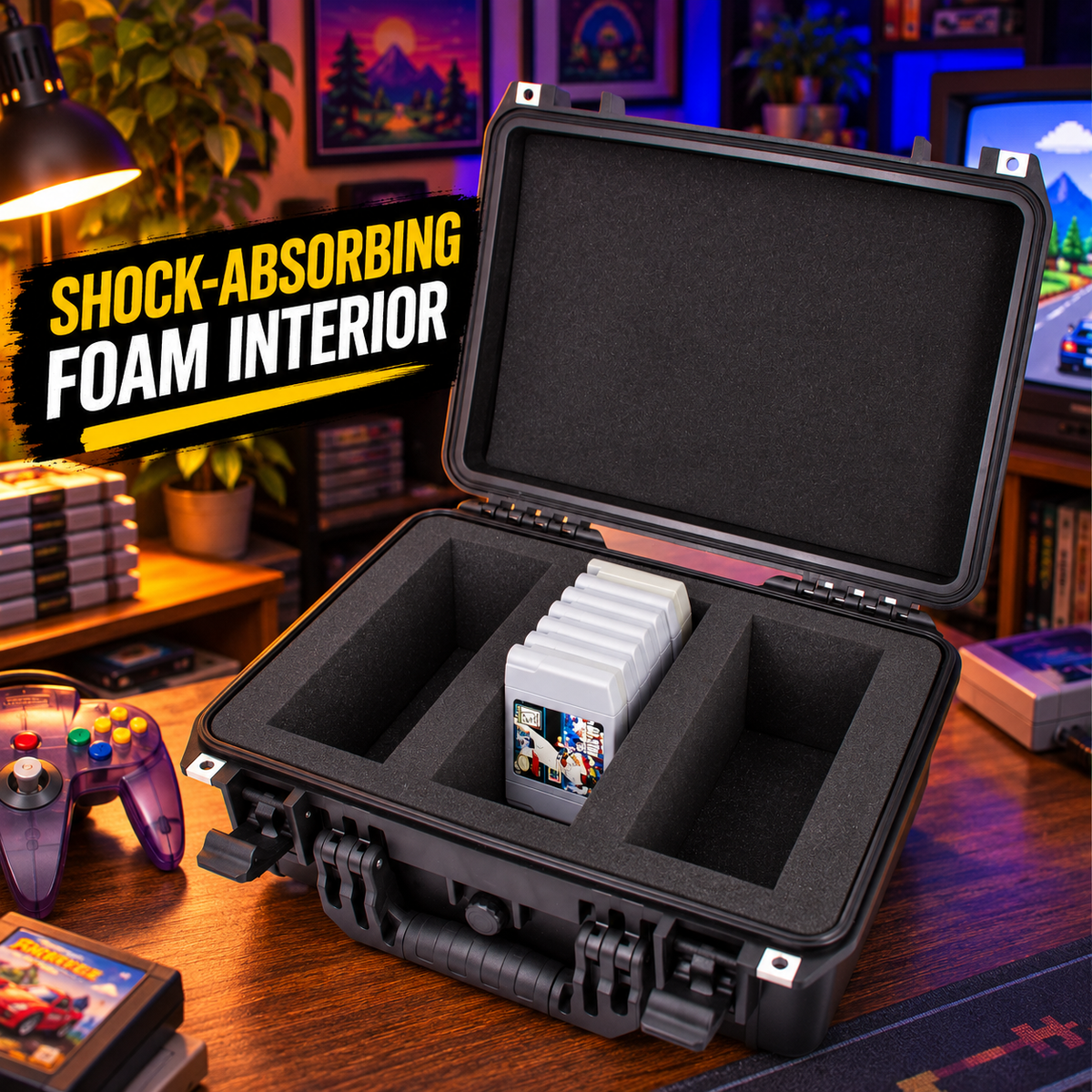 Travel Case for N64 Game Storage, Holds 36 Cartridges, 16" Waterproof Hard Shell Game Cartridge Organizer with Foam Dividers