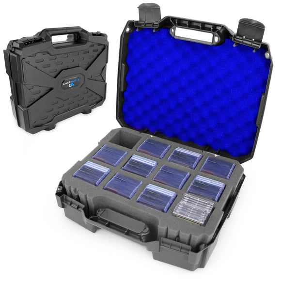 CASEMATIX Top Loader Card Storage Case for Trading Cards for 450 3" x 4" 35pt Toploaders or 100 One Touch Card Holders, Hard Shell Toploader Storage Box With 12 Precut Card Case Dividers and Blue Foam