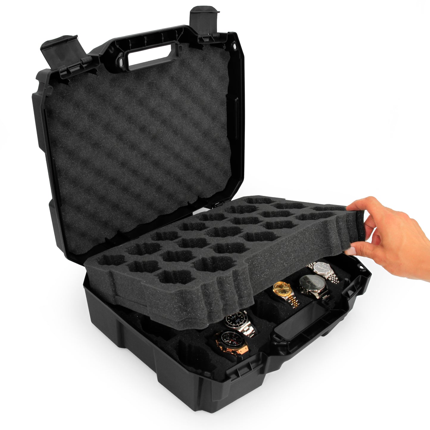 Watch Travel Case With 42 Watch Roll Holder Slots - Hard Shell Watch Case With Custom Foam Interior - Watch Storage Fits 24mm to 56mm Faces