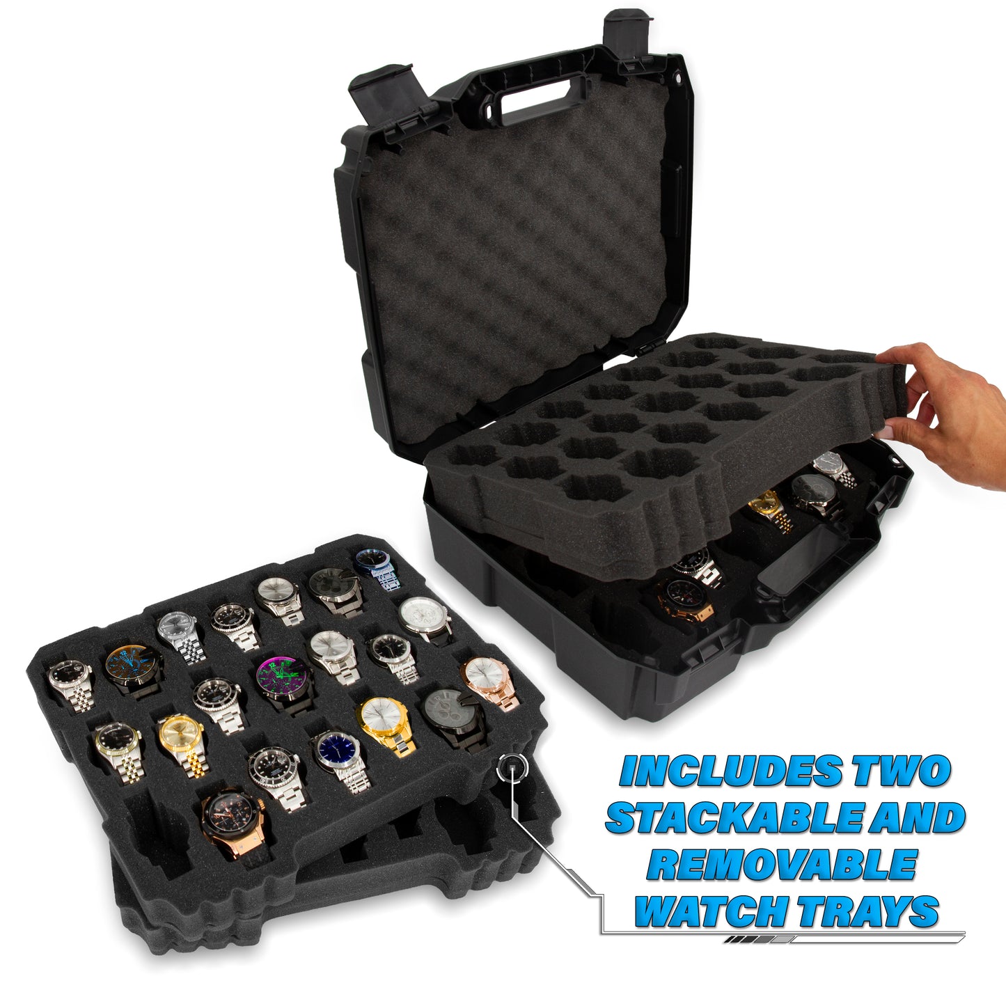 Watch Travel Case With 42 Watch Roll Holder Slots - Hard Shell Watch Case With Custom Foam Interior - Watch Storage Fits 24mm to 56mm Faces
