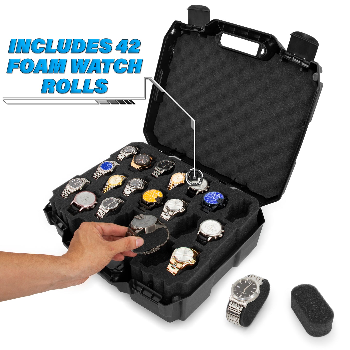 Watch Travel Case With 42 Watch Roll Holder Slots - Hard Shell Watch Case With Custom Foam Interior - Watch Storage Fits 24mm to 56mm Faces
