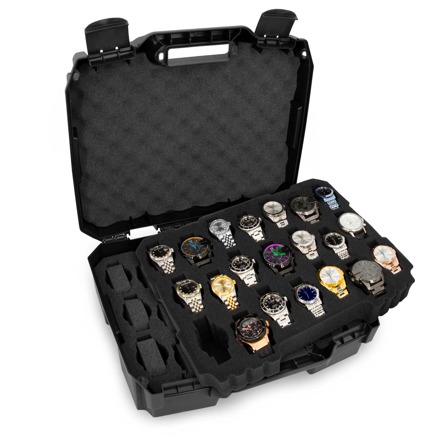 Watch Travel Case With 42 Watch Roll Holder Slots - Hard Shell Watch Case With Custom Foam Interior - Watch Storage Fits 24mm to 56mm Faces