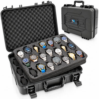 42-Slot Watch Travel Case – Impact-Resistant Shell, Foam Interior, Dual Display Trays for Watches 24mm–56mm, Secure Latches, Carry Handle