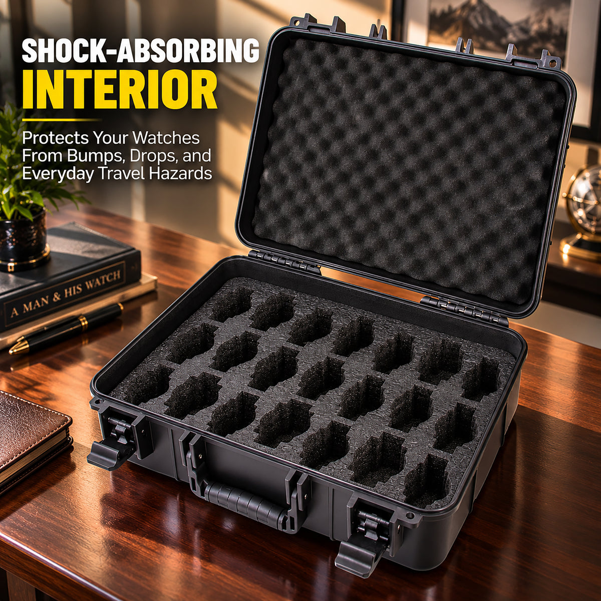 42-Slot Watch Travel Case – Impact-Resistant Shell, Foam Interior, Dual Display Trays for Watches 24mm–56mm, Secure Latches, Carry Handle