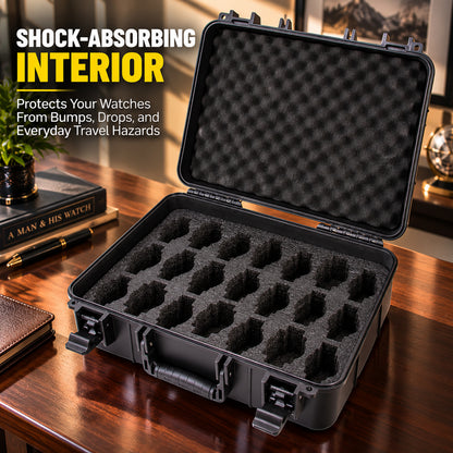 42-Slot Watch Travel Case – Impact-Resistant Shell, Foam Interior, Dual Display Trays for Watches 24mm–56mm, Secure Latches, Carry Handle
