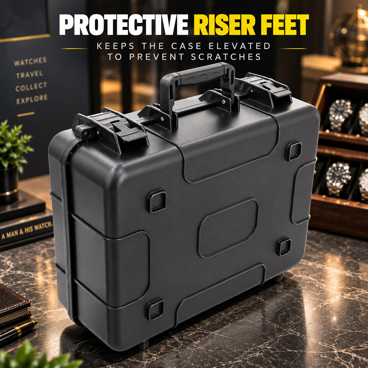42-Slot Watch Travel Case – Impact-Resistant Shell, Foam Interior, Dual Display Trays for Watches 24mm–56mm, Secure Latches, Carry Handle