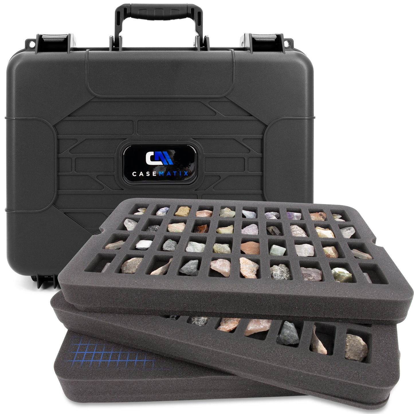 CASEMATIX Hard Shell Crystal Storage Case with 80 Slot Foam, Customizable Layer for Large Gems, Minerals, Geodes, Specimens & Healing Tool Organizer