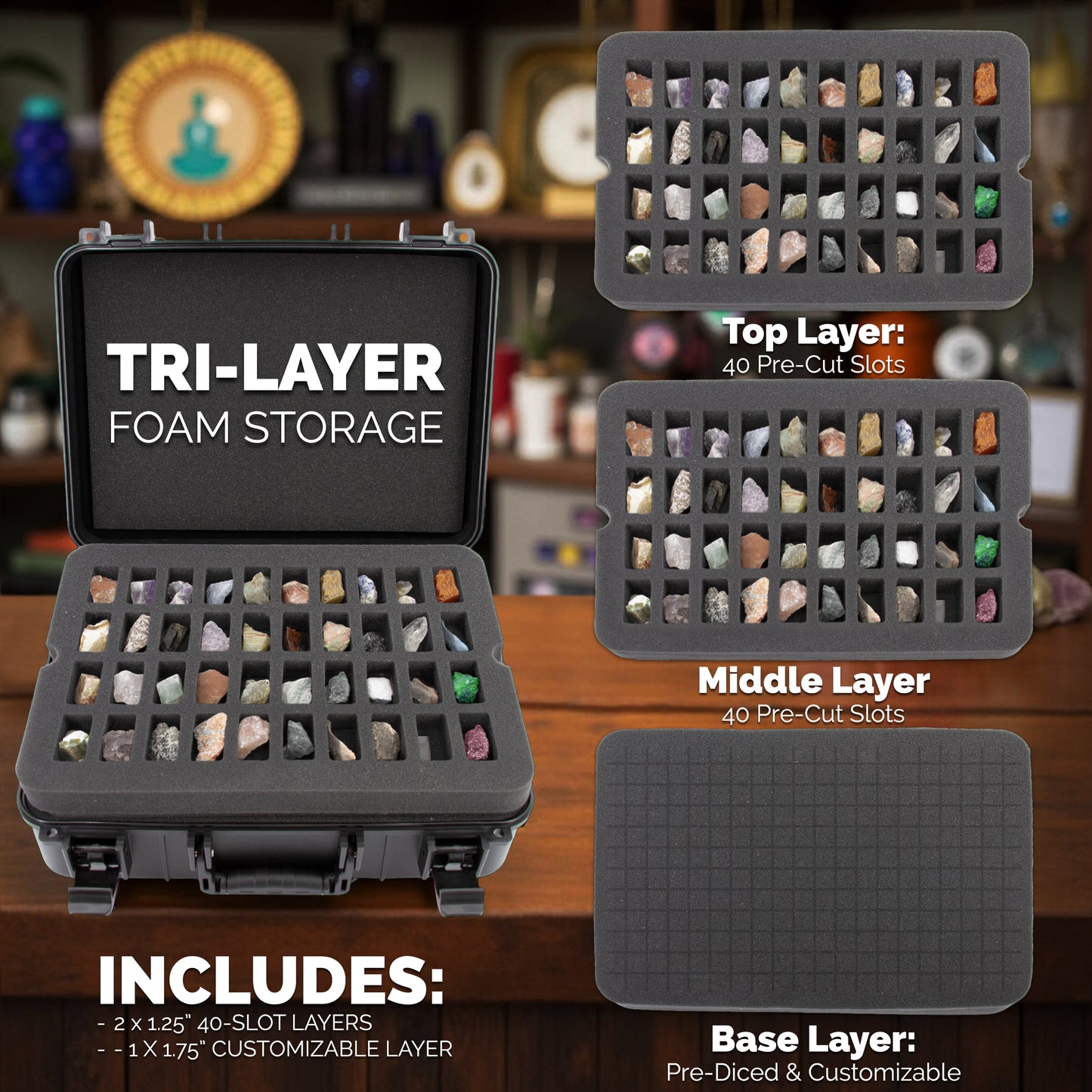 CASEMATIX Hard Shell Crystal Storage Case with 80 Slot Foam, Customizable Layer for Large Gems, Minerals, Geodes, Specimens & Healing Tool Organizer