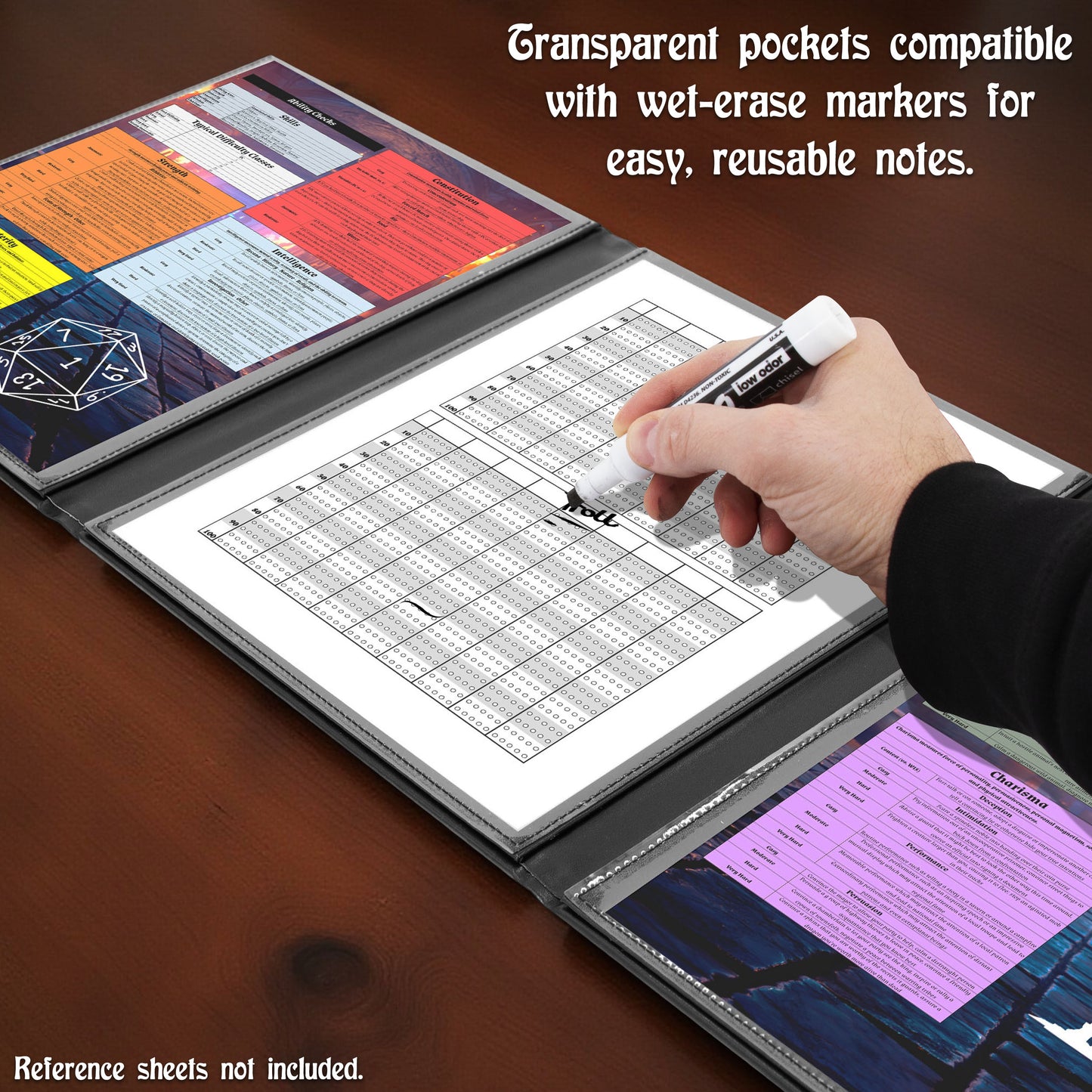 3-Panel Travel DM Screen – Compact PU Leather GM Screen with Clear Pockets & Wet-Erase Panels for Portable RPG Campaigns