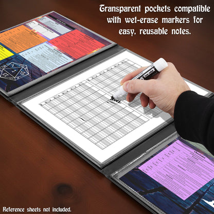 3-Panel Travel DM Screen – Compact PU Leather GM Screen with Clear Pockets & Wet-Erase Panels for Portable RPG Campaigns